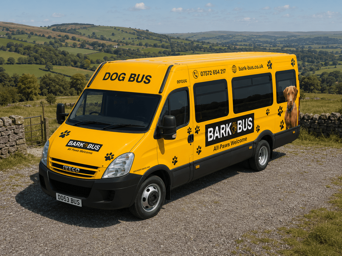 Bark Bus from the near-side front, gravel layby with green countryside beyond